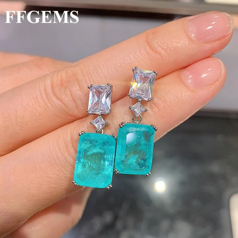 Baumelnder Kronleuchter FFGems Brasilianischer Paraiba-Smaragd-Turmalin-Silberohrring Erstellt Blauer Stein Quadratisch Für Frauen Edlen Schmuck Großhandel Pa