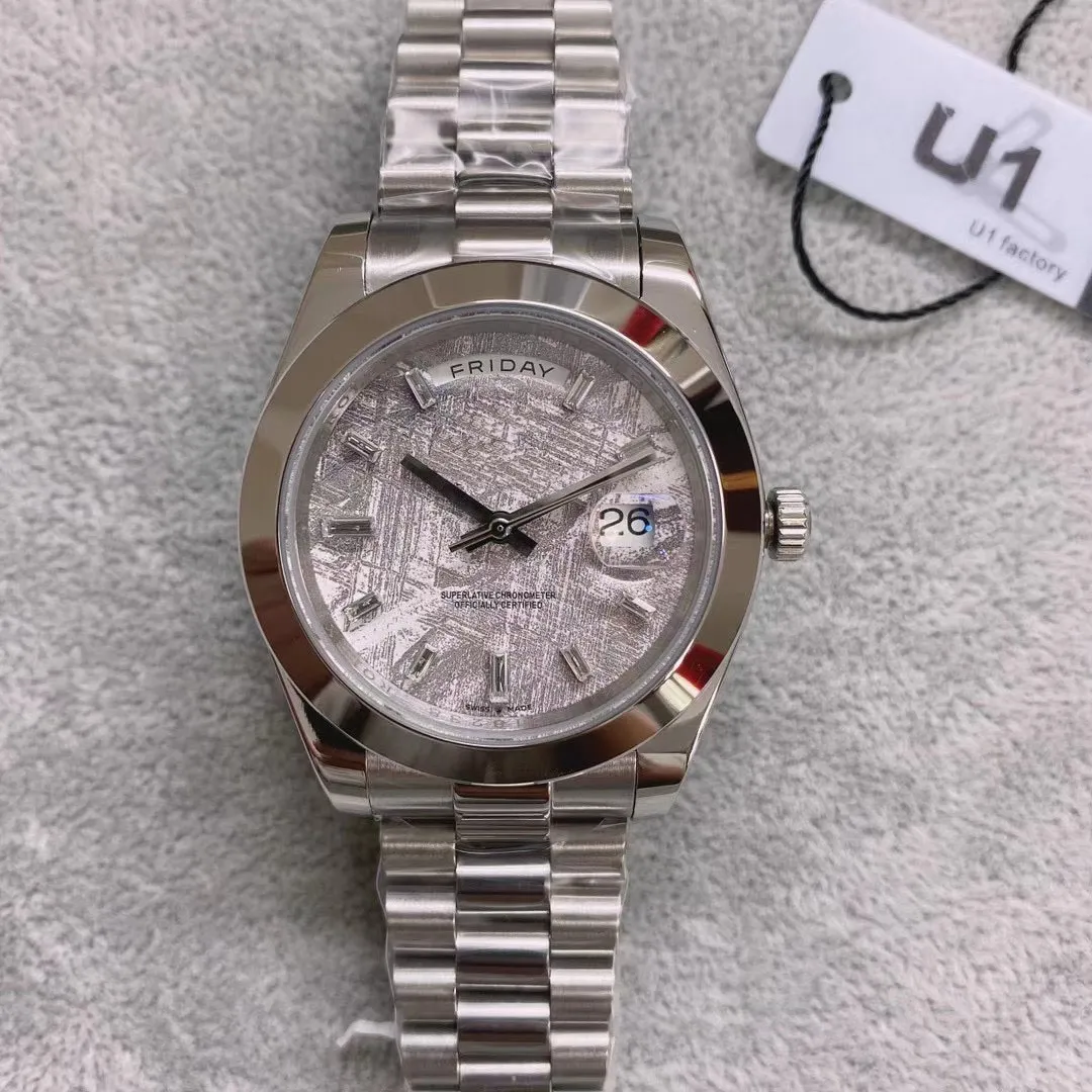 Top U1 Factorty Diamond Rock dial Srebrny zegarek z datownikiem i koroną 41 mm Sapphire Oryginalna klamra Lupa Blu-ray Męski zegarek na rękę