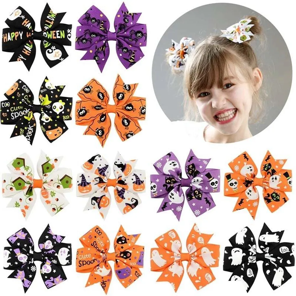 120pcs Baby Halloween fiocchi di nastro in grosgrain con clip ragazze favore di partito bambino fantasma zucca bambini ragazza girandola fermagli per capelli accessori per forcine 12 stili in vendita