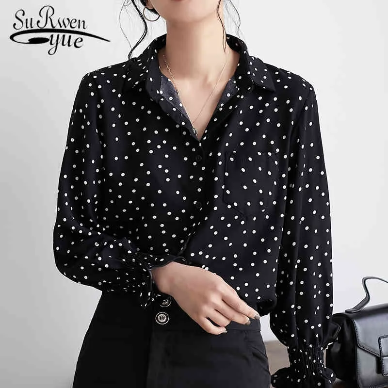 Womens Tops and Blouses Fashion Dot Chiffon Shirts Turn Down Collar Office Long Sleeve 2578 50 210508