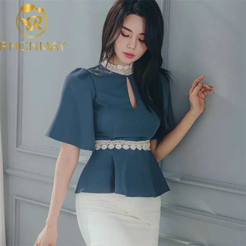 Mode Kvinnor Casual Slim Blue Blouse Flare Sleeve Sommar Vintage Patchwork Lace Shirt Tops Business 210506