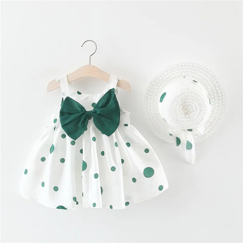 Tjejklänningar Söt Baby Girl Dress 2piece Sommar Set Born Kläder Båg Princess Ärmlös Bomull Spädbarn Födelsedag + Sun Hat 0-3t