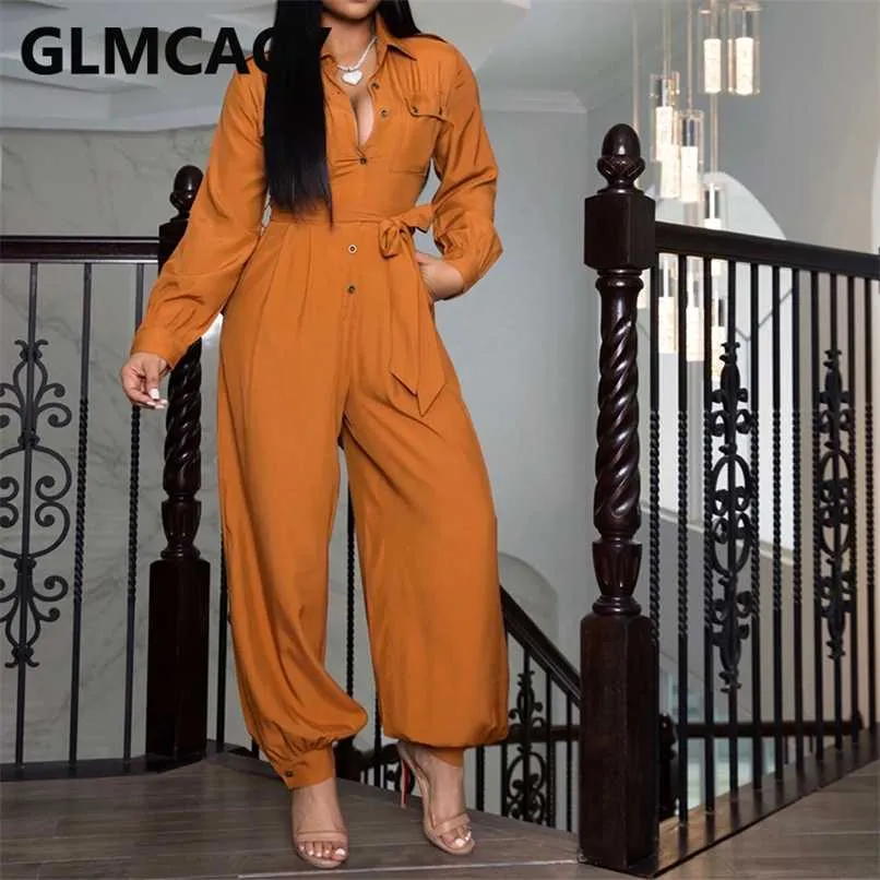 Women Long Sleeve Turn Down Collar Jumpsuit Solid Regular Button Down Jumpsuits Overalls 211119