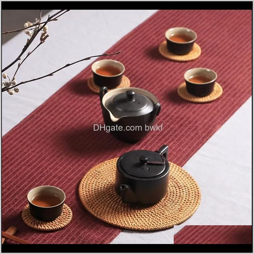 6pcs/ drink coasters set for kungfu tea accessories round tableware placemat dish mat rattan weave cup mat pad diameter 8cm