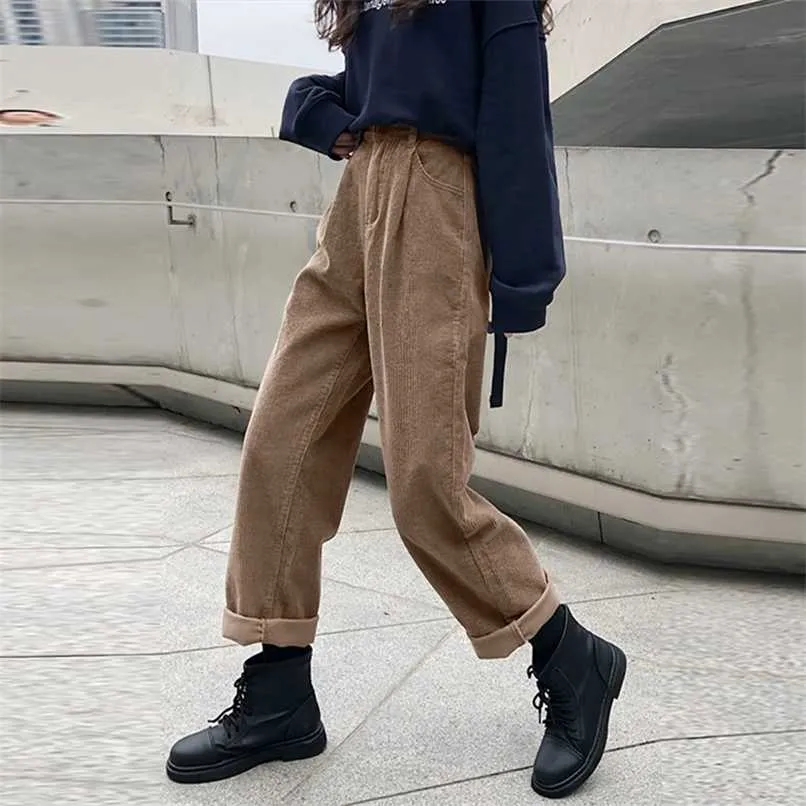 Pantalon femme en velours côtelé droit décontracté taille haute pantalon plissé Vintage Harajuku automne Chic solide femme bas 211216