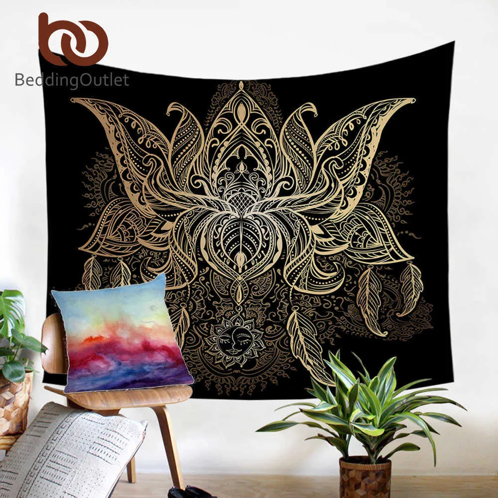 Beddingoutlet Lotus Tapestry Flower Bohemian Wall Hängande Bohemian Printed Microfiber Tyg Heminredning Bäddscread 2 Storlekar 210609