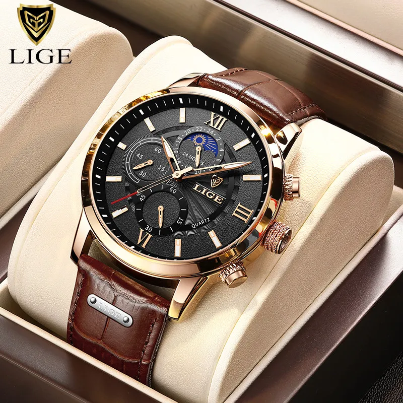 2021 Lige Watches Mens 탑 브랜드 럭셔리 시계 캐주얼 Leathe 24hour Moon 단계 남자 시계 스포츠 방수 쿼츠 크로노 그래프 + 상자 uhjfgjrf