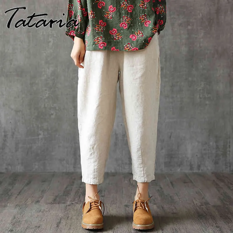 Tataria algodão calças de linho mulheres soltas harem ocasional para tortura larga perna larga feminina cintura elástica pant m-4xl 210514