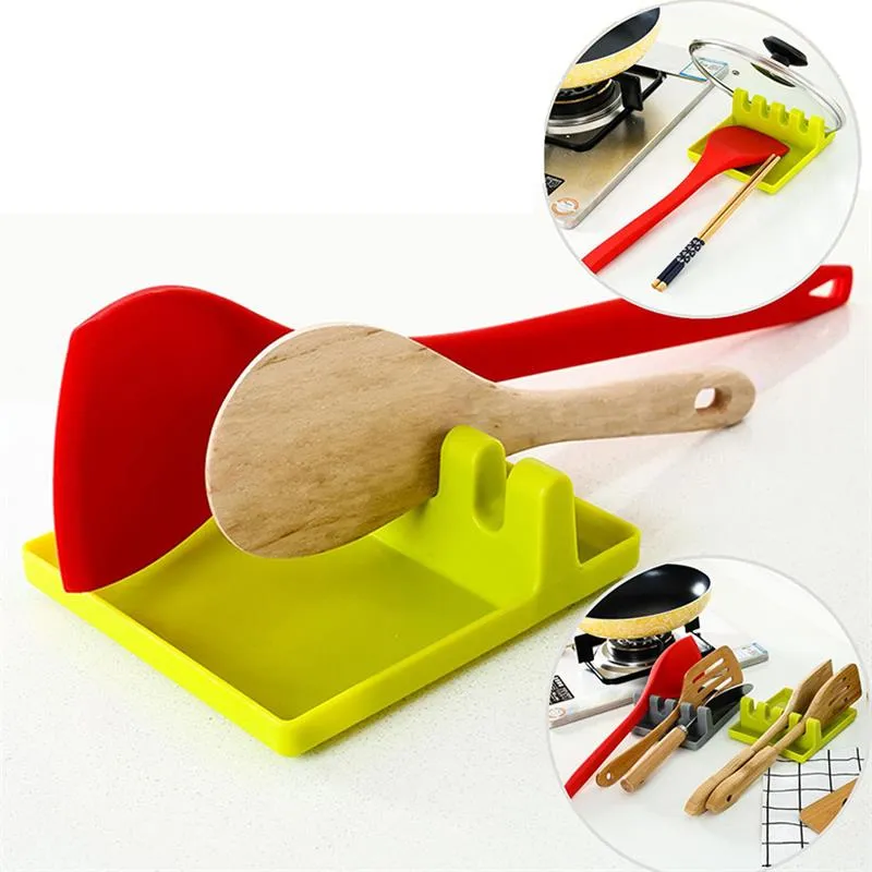 Kitchen Utensil Rest Spoon Pot Pan Lid Pot Shovel Holder Tools Food Grade Plastic Shelf Gray and Green 