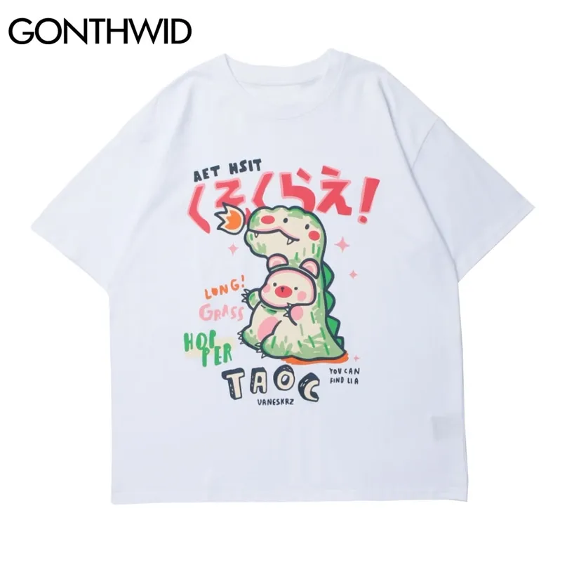 T-shirts Chemises Style Japonais Dessin Animé Dinosaure Ours À Manches Courtes T-shirts Streetwear Harajuku Hip Hop Mode Coton Tops 210602