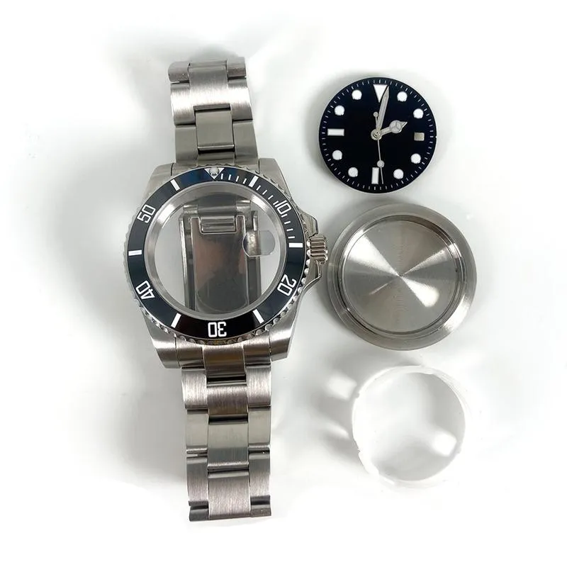 Reparationsverktyg Kits 40mm Watch Tillbehör Sub Rostfritt Stål Väska Sapphire Glass Keramisk Ring + Watch Band Set för 8215 2813 Rörelse