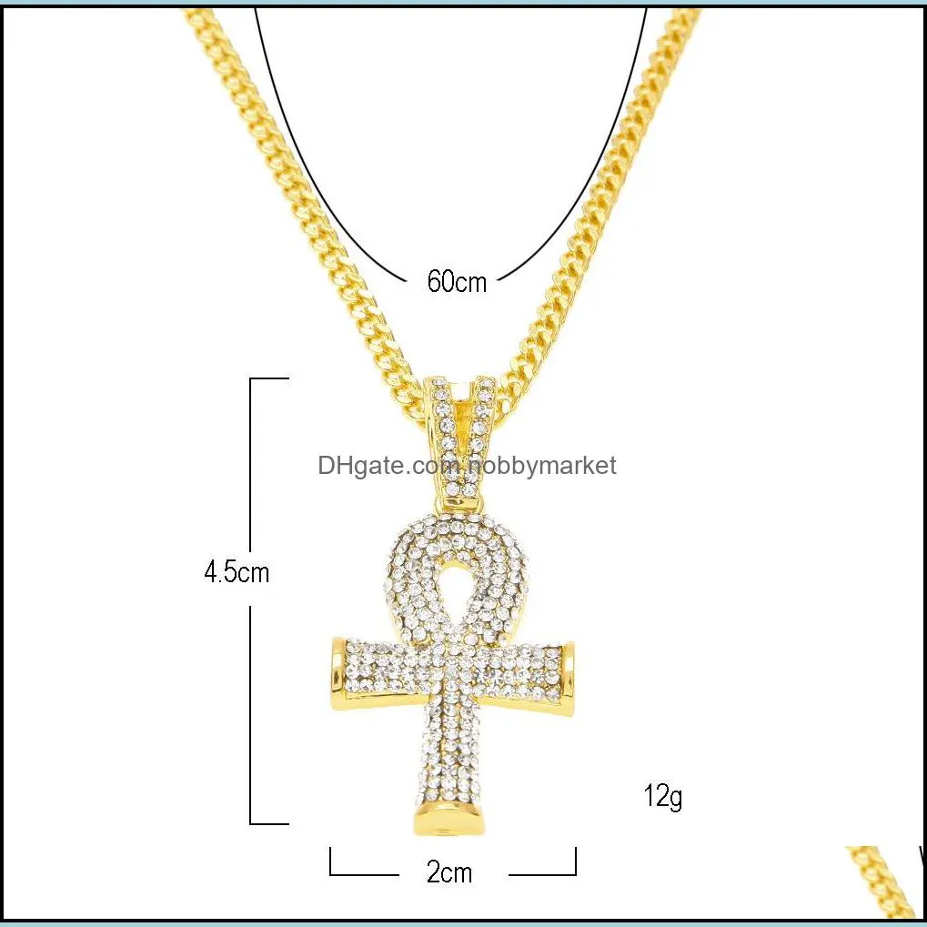 Iced out Egyptian Ankh Key of Life Necklace set Bling Cross Mini Gemstone Pendant Gold Silver chain For Mens Hip Hop Jewelry Bulk