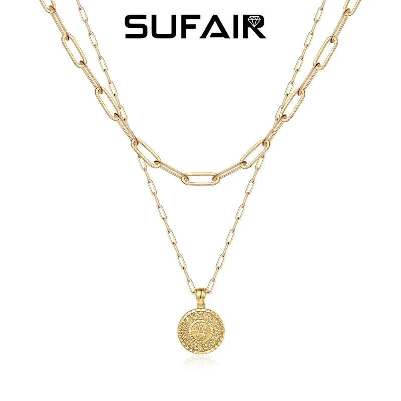 Chains Sufair Vintage Multi Layered Necklace For Women 14K Gold Filled Dainty Engraved Hammered Initial Pendant Coin Jewelry