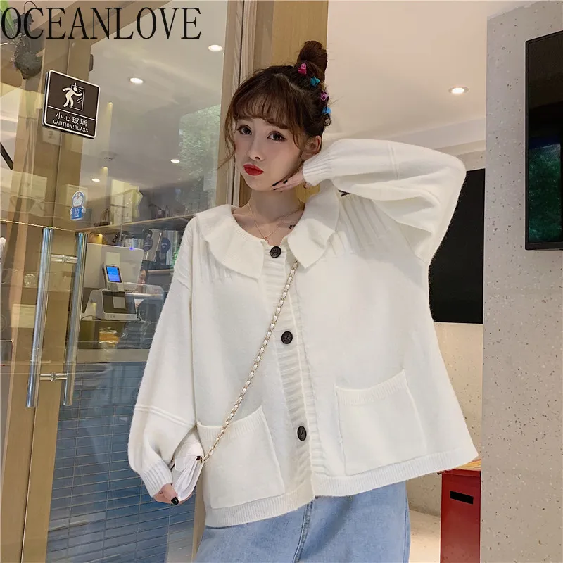 ホワイトカワイイMujer Chaqueta秋の緩い女の子日本風実のカーディガンポケット甘い女性のセーター17877 210415
