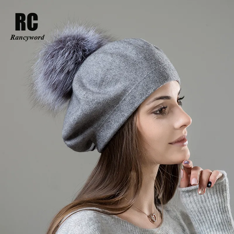 Kvinnor basker ull hatt stickade ull basker äkta päls pompom basker mössa toppkvalitet kvinnor vinter hattar mössor rc2047