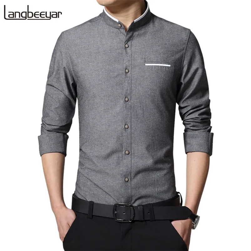 Mode Casual Hommes Chemise À Manches Longues Col Mandarin Slim Fit Chemise Hommes Affaires Coréennes Hommes Chemises Habillées Hommes Vêtements M-5XL 210708