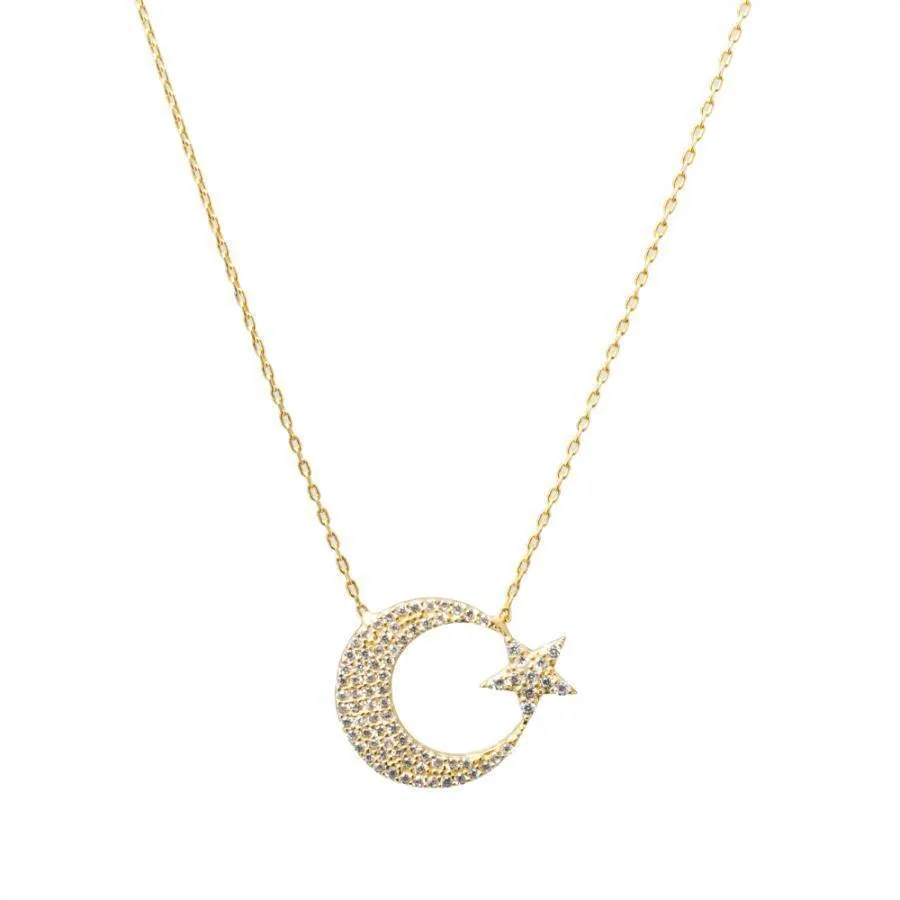 Crescent Star Model Gold Colored Turkish Necklace Solid 925 Sterling Silver Women na prezenty