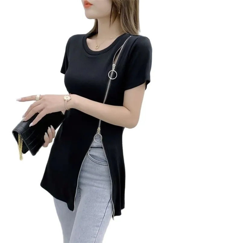 Moda Zipper Slim Emagrecimento Two-Wear T-shirt Feminino Vestido Verão Moda Coreana Mulheres Mulheres 210520