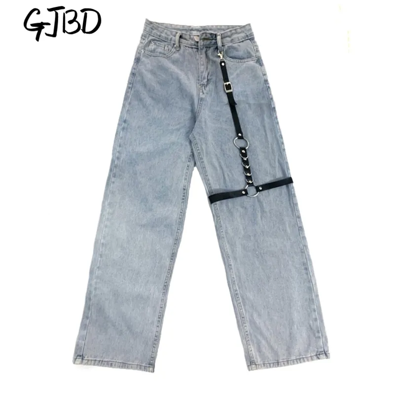 Baggy taille haute jeans pour femmes Streetwear couleur claire pantalon droit Harajuku mode Denim pantalon (boucle en cuir noir) 210809