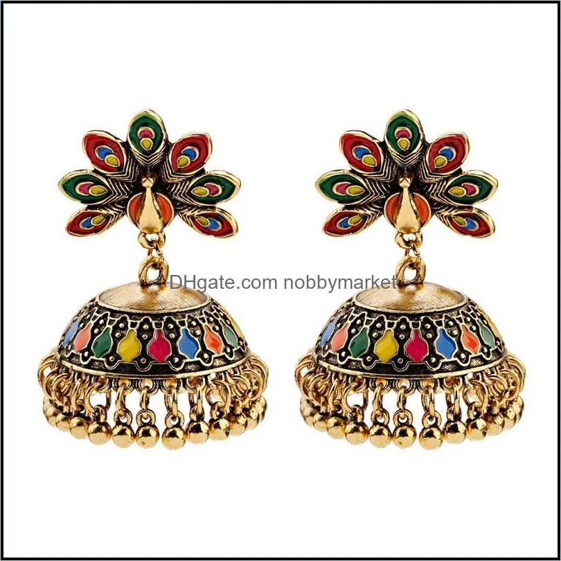 Vintage Antique Indian Peacock Carved Jhumka Jhumki Earrings Women Boho Ethnic Gold Bells Earring Jewelry