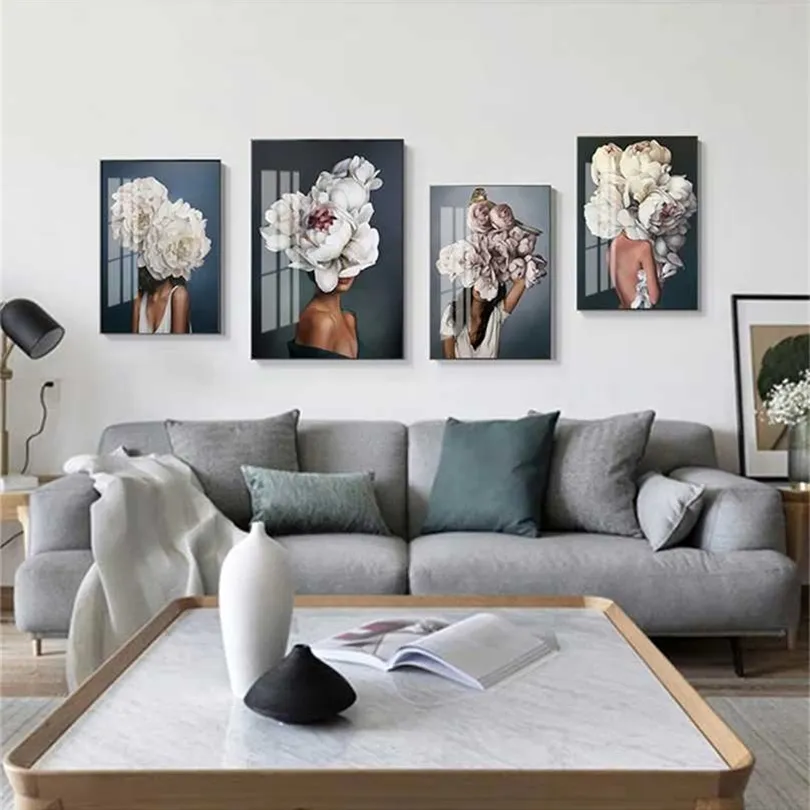 Flowers Feathers Woman Abstract Canvas Painting Wall Art Print Poster Picture Decorative Living Room Home Decoration 211222