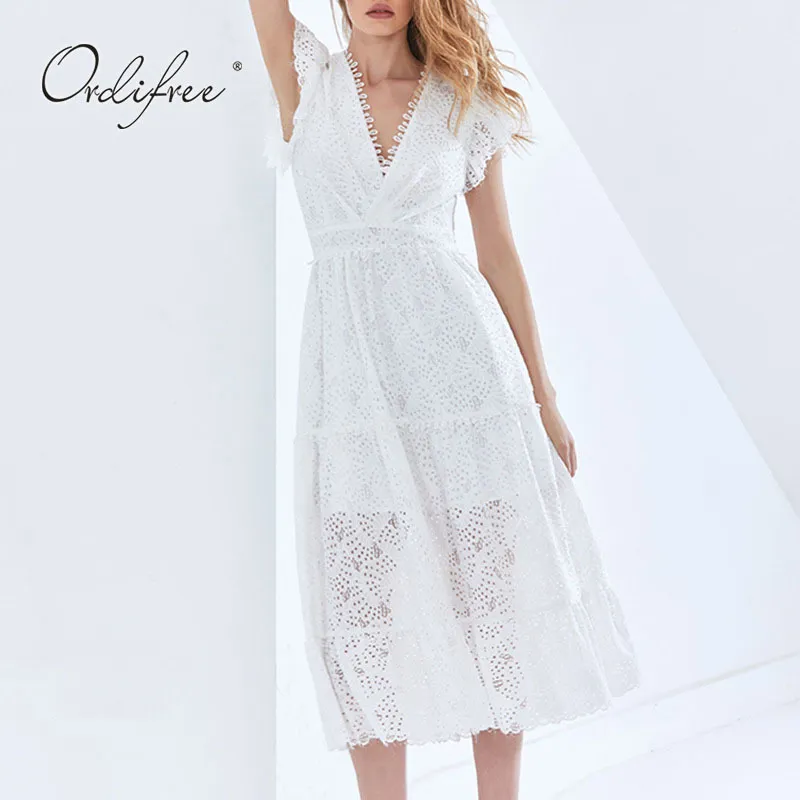 Summer Women Long Fashion Party Lace Ruffle Deep V Neck Tunic Hollow Out Sexy Elegant Beach Dress Large Size 210415