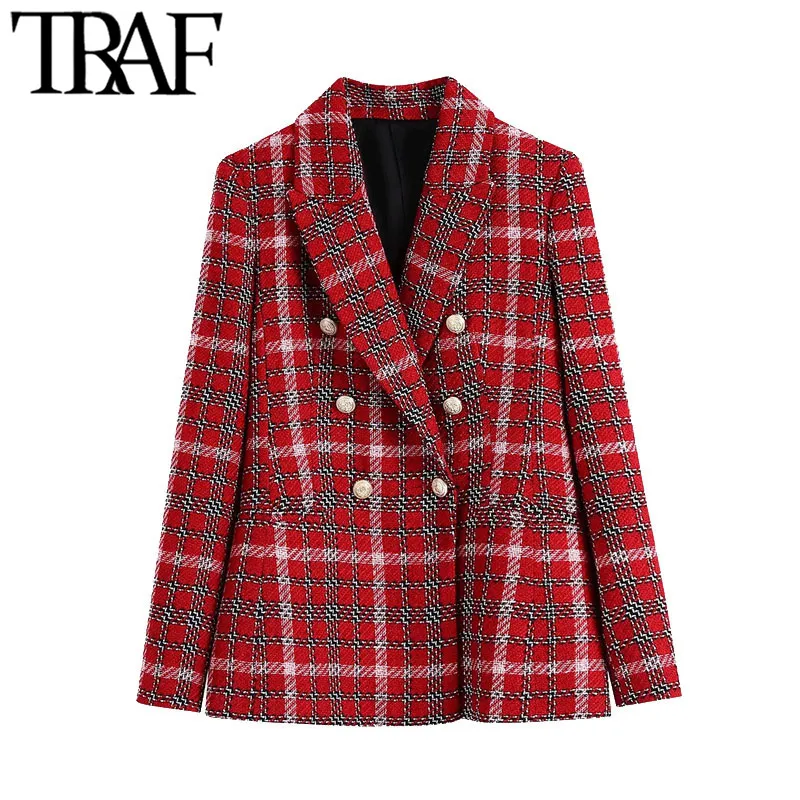 TRAF femmes mode Double boutonnage vérifier Tweed Blazers manteau Vintage à manches longues avec boutons vêtements de dessus pour femmes Chic hauts 210415