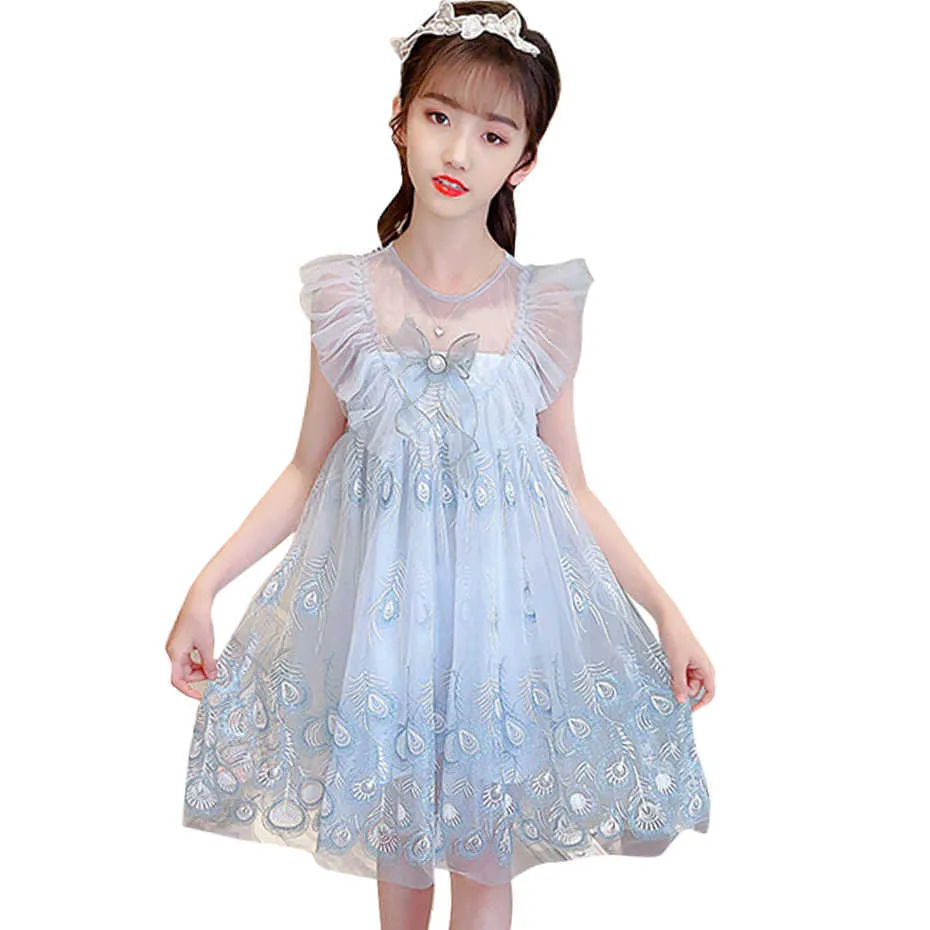 Vestidos de verão para meninas bow girl pricness bordado vestido criança malha roupas 210528