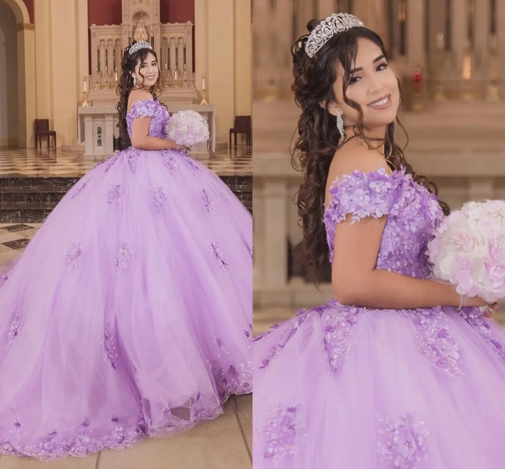 2022 laveder 3d الزهور اللؤلؤ فساتين quinceanera تول قبالة الكتف زين زين الخرز طويل قطار حفلة موسيقية الحلو 16 فستان 15 فتاة