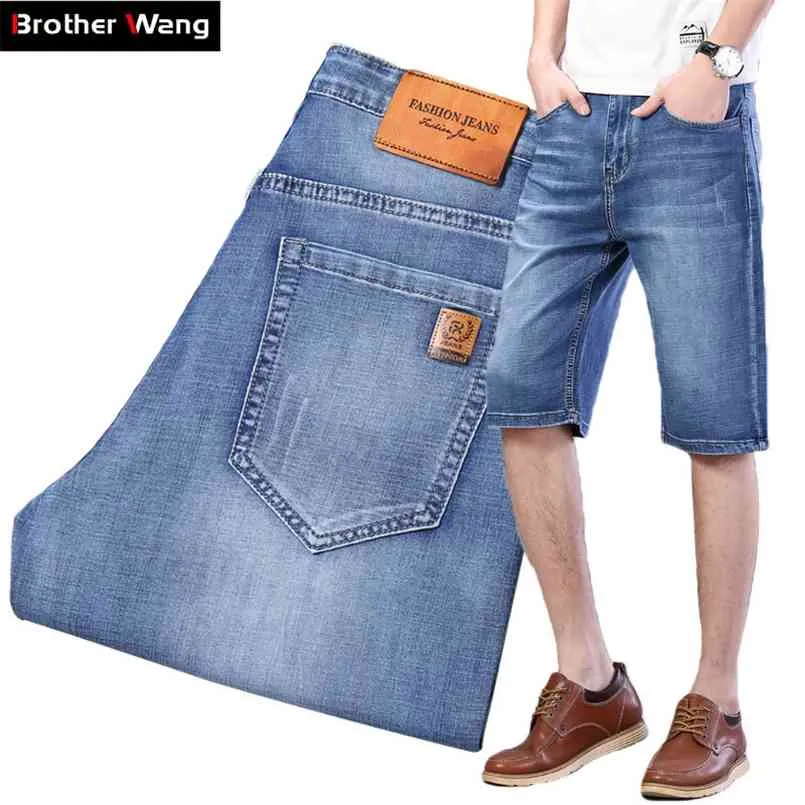 Klassisk stil Avancerad sträcka korta jeans män sommar högkvalitativa blå denim shorts manliga varumärke kläder 210716