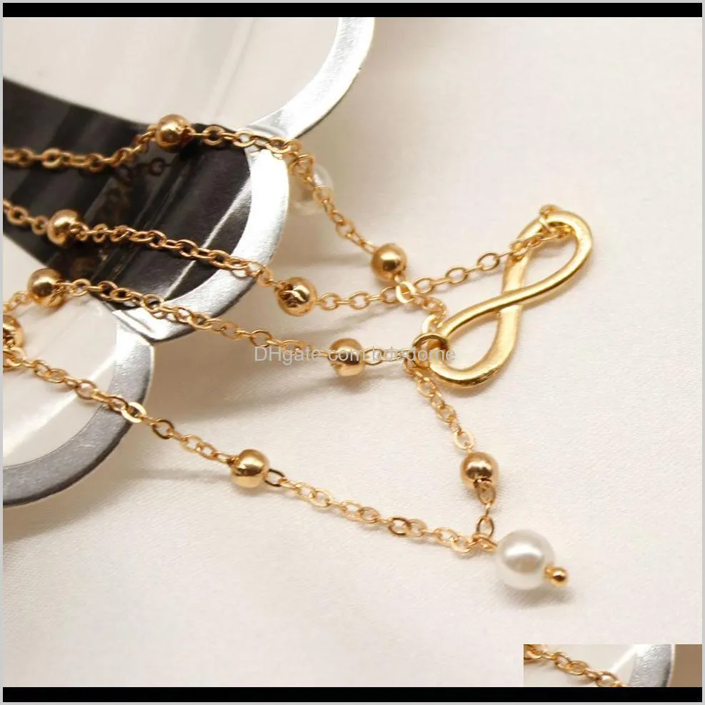 anklet sets 2pcs/bag white bead pendant 8 shape charm silver gold color metal plated chain for women gift