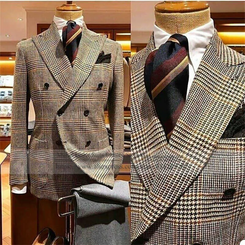 Tweed Laine Houndstooth Hommes Costumes Large Peak Revers Veste 2 Pcs Double Boutonnage Manteau Business Blazer Mariage Dîner Robes X0608