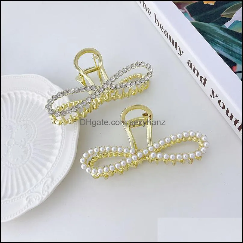 Yamog Crystal Pearl Bow Model Hair Clamps Women Female Hollow Out Alloy Large Hair Claw Clips Korean 8 Word Shaped Scrunchies Ponytail Hairpins Gold 10.6