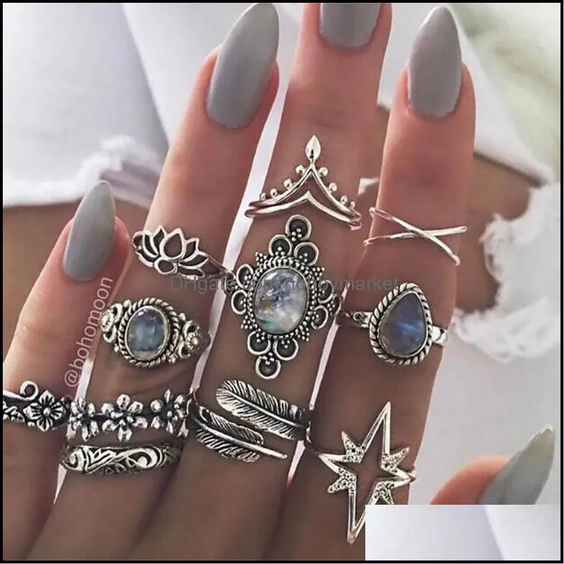 Women Boho Midi Finger Rings Set For women Vintage Crystal Gemstone Crown Bride bridesmaid wedding Knuckle Rings Bohemian Jewelry in