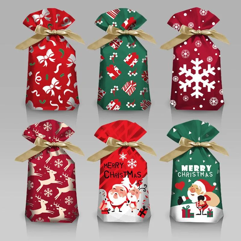 Cadeau cadeau 10pcs / pack Santa Pattern Année présente des sacs de bonbons Décoration de Noël Sac à cordon en plastique S / M / L