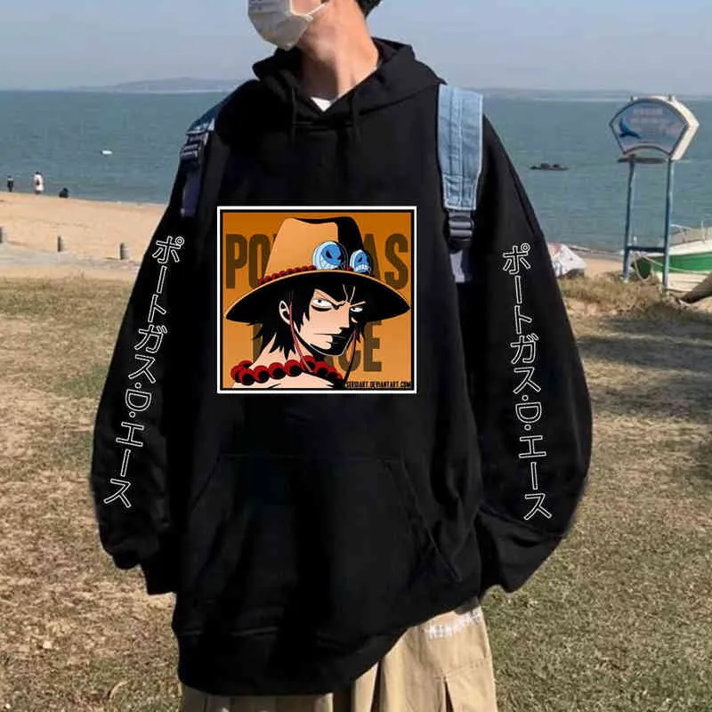 Japanse Anime One Piece Hoodie Mannen Casual Gedrukt Ace Sweatshirt Lange Mouwen Pullover Harajuku Streetwear Hoodie Tops H1227
