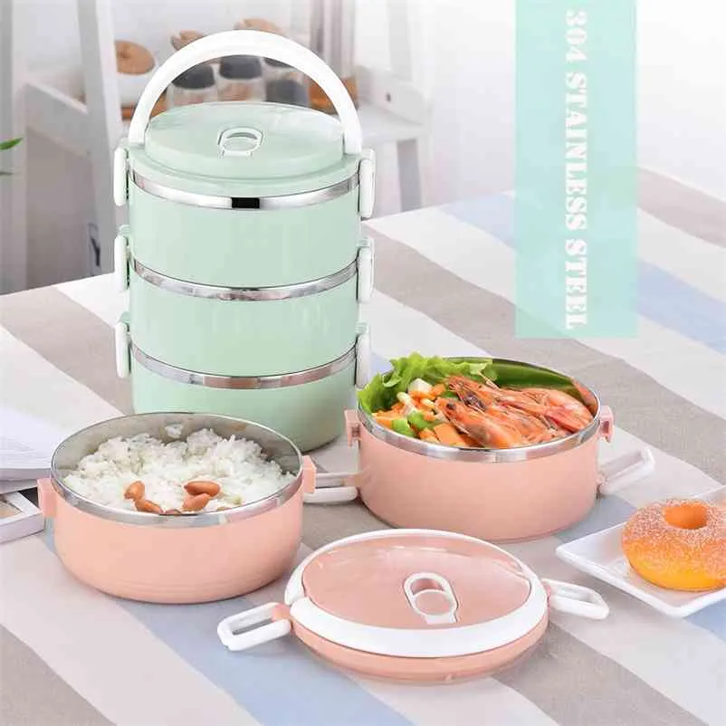 3 lager Enkel europeisk stil 304 Rostfritt stålbehållare termiska lunchfall isolerade Bento Box Portable Food Storages 210818