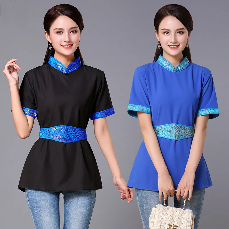 夏の中国風スタンドカラーシャツ女性シフォン唐スーツトップエレガントなアジア服半袖ビンテージレディースブラウス