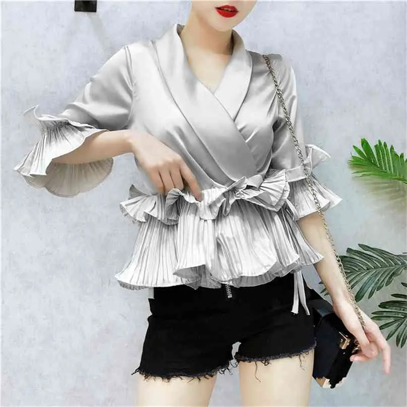 Kobiety Half Flare Rękaw Letnie Nosić Koreański Lady Vintage Bluzka V Neck Wzburzyć Satin Szyfonowa Koszula Kobiet Eleganckie Odzież 210527