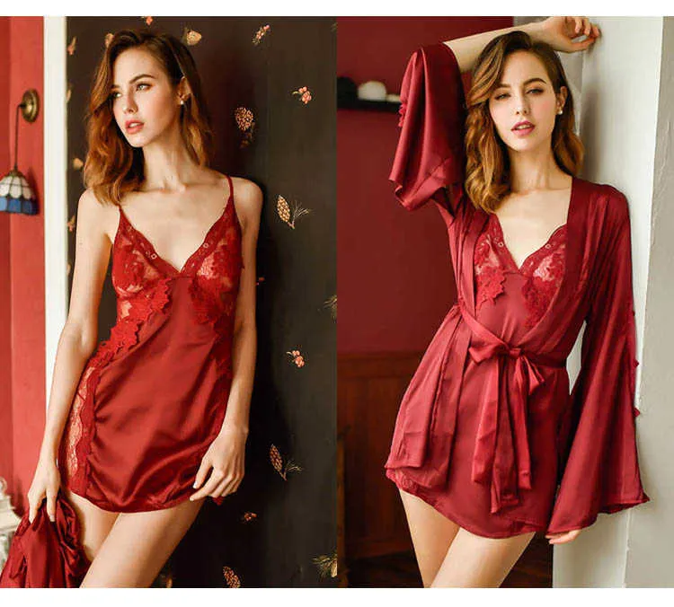 CINOON 3Pcs Women Sexy Silk Nightgown Embroidery Lace Bath Gown Nightdress Summer Sleepwear Wedding Night Dress Robe With Belt (31)