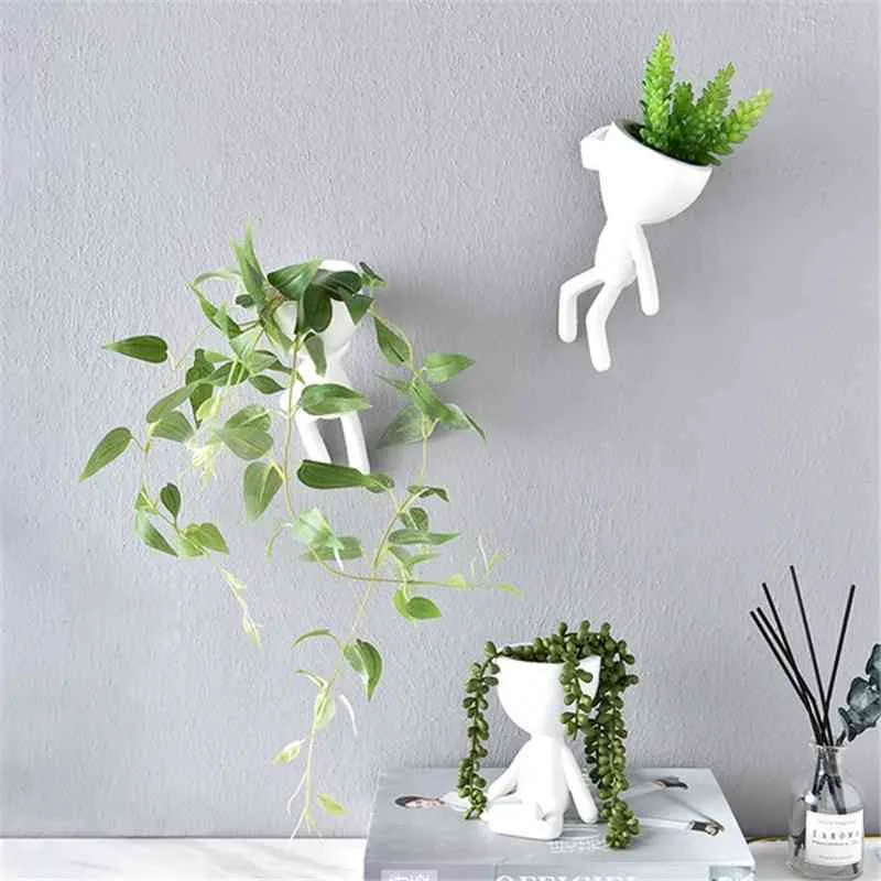 Nordic Home Hanging Art Vase Flower Planter Pots White Resin Art Flower Vase Design Planter Wall Sculpture Plant Pot Home Decor 210401