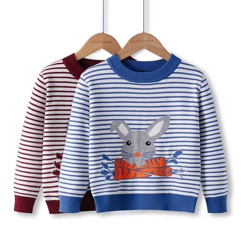 Söt kaninpojkar Tjejer stickad tröja för småbarn pojke barn casual höst vinter tecknad varm bomull tröja pullovers 210429
