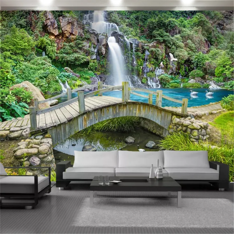 Waterfall & Bridge 3D Mural Landscape Wallpaper Modern Wooden Archway ...