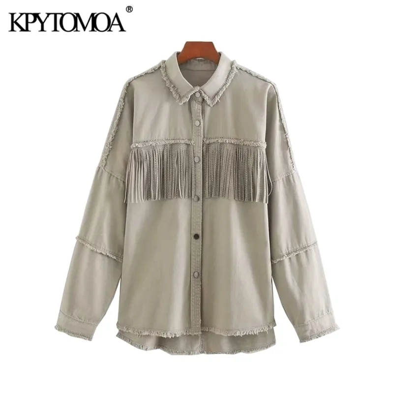 Kpytomoa mulheres moda enorme desgastado com franja jaqueta jaqueta casaco vintage manga longa borla feminina outerwear chique tops 211029