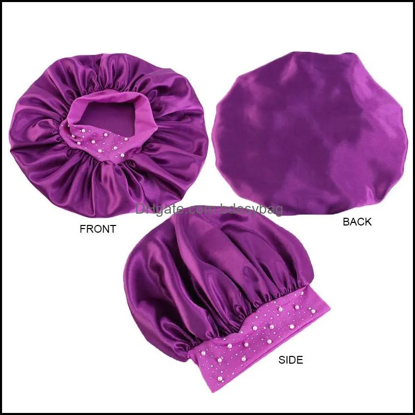 2021 New Soild Color Rhinestones Pearl Decoration Satin Bonnet With Elastic Band Soft Night Sleep Cap Hair Accessories Hair Care Hat