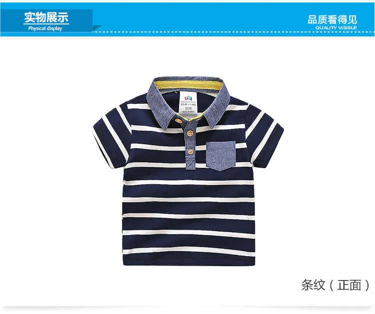  Baby Children Clothing Casual Cotton Short Sleeve Turn-Down Collar Blue White Stripe Print Pocket Kids Teenage Boy T Shirt (2)