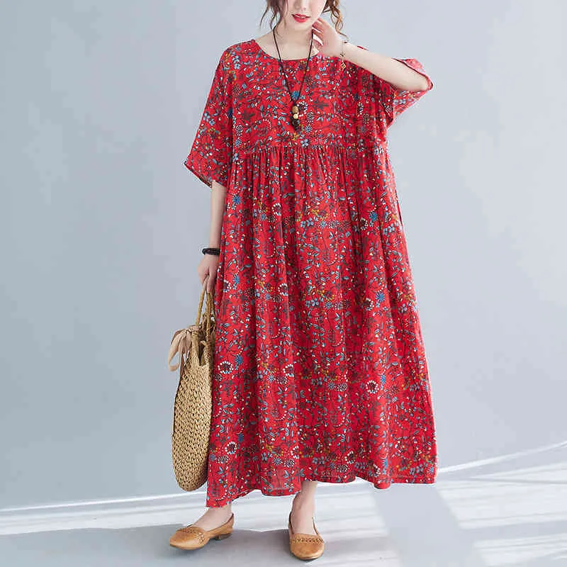 Johnature Vintage Red Print Flower Ankellängd Klänningar Casual Summer O-Neck Half Sleeve Loose Women Mori Glirl Dresses 210521