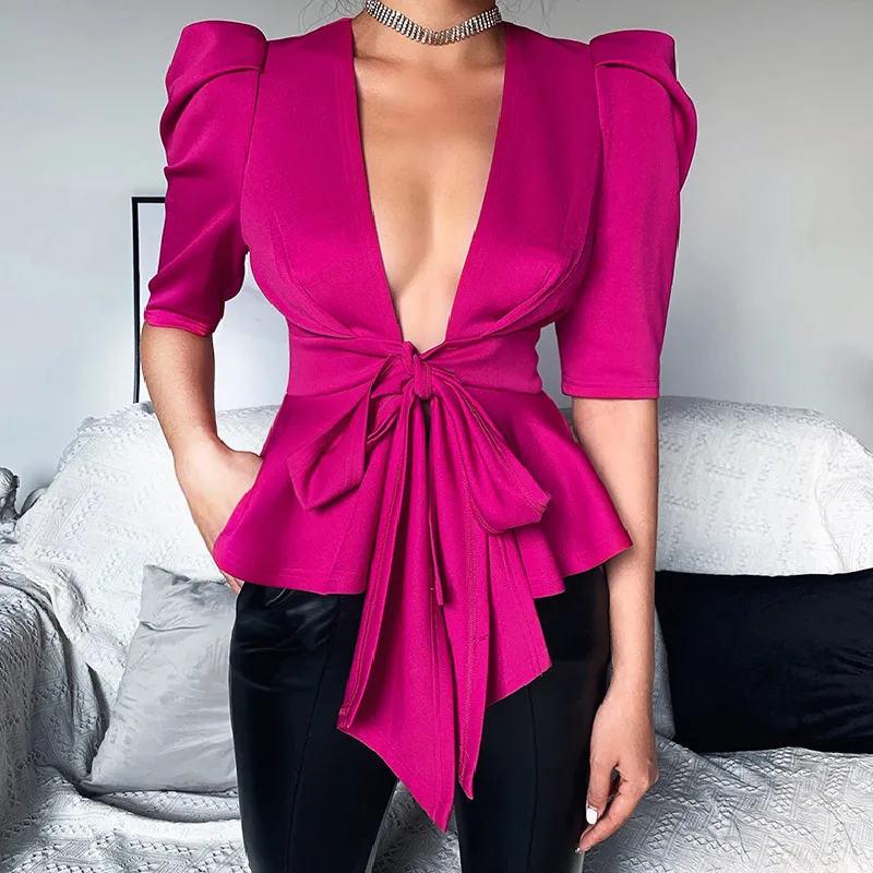 Femmes Blouse Sexy col en V profond avec ceintures Peplum manches Rose rouge demi manches Clubwear fête mode femmes hauts chemises 210416