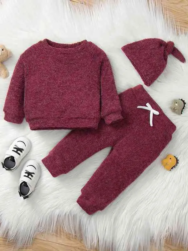 Baby Raglan Рукав Teddy Pullover Bow Bow FrontFants Hat Она