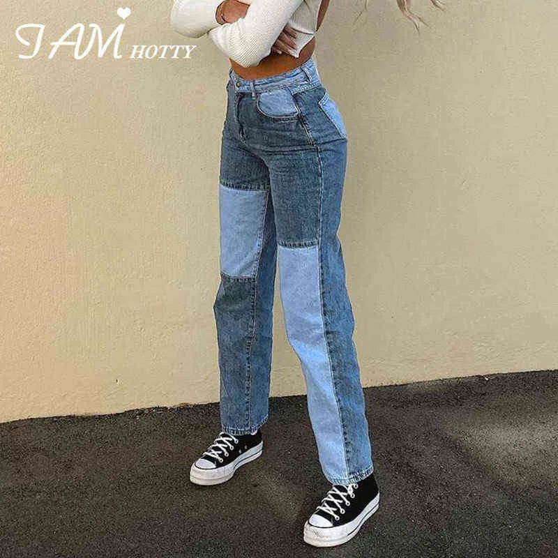 Patchwork droit femmes jean Baggy Vintage taille haute copains maman Denim en détresse Streetwear 2020 femme Iamhotty Y220311